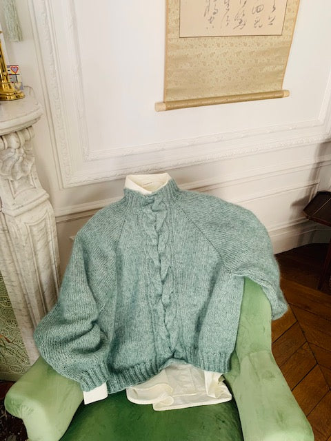 HOULEN green: Pull Torsadé modèle Danois en laine fait mains