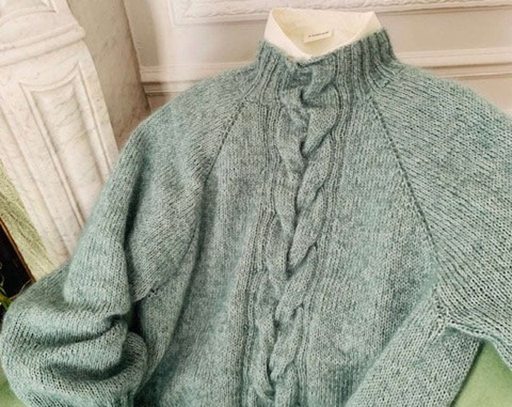 HOULEN green: Pull Torsadé modèle Danois en laine fait mains