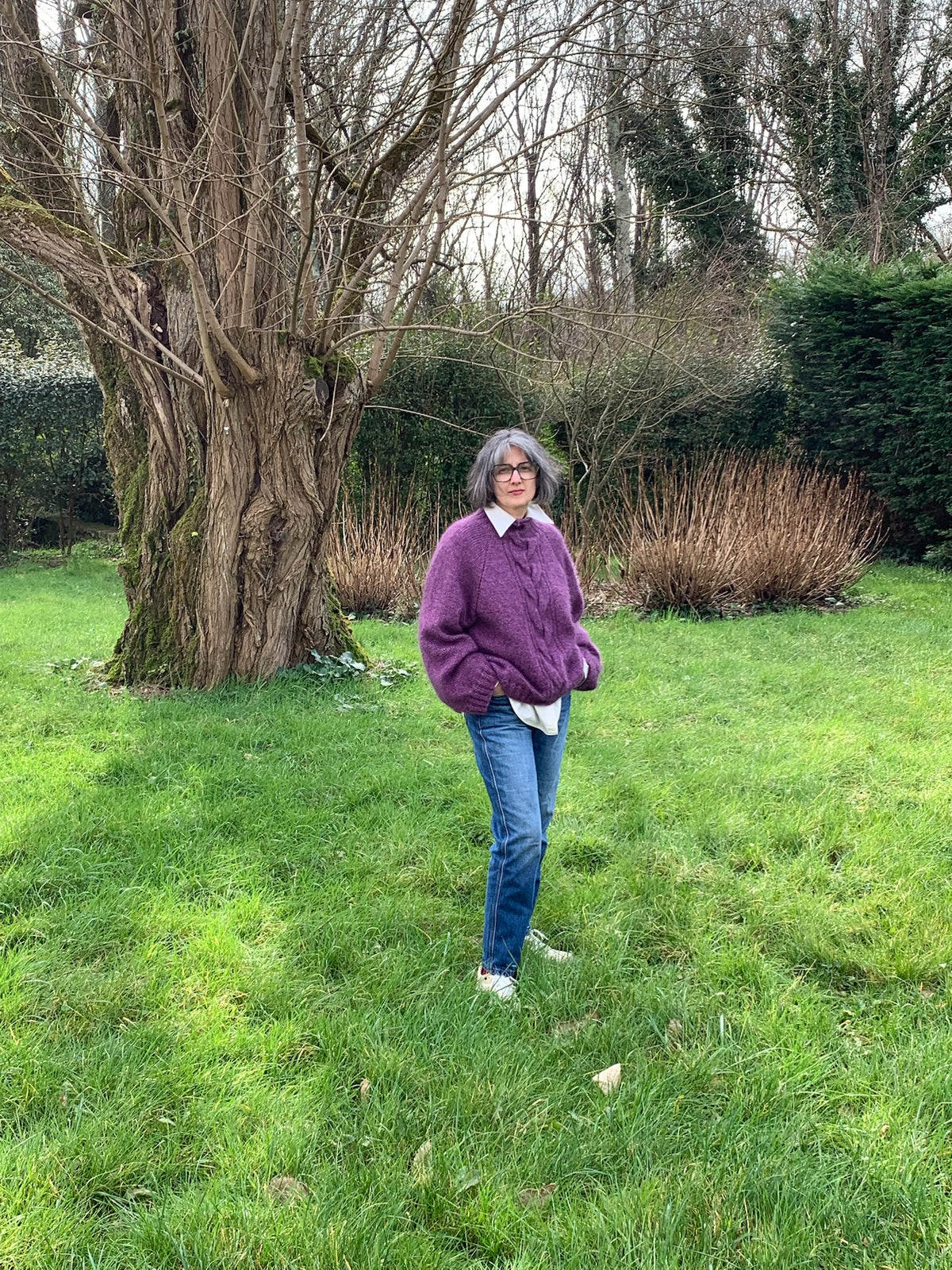 MAMM plum: Plum cable-knit sweater in mohair and merino.