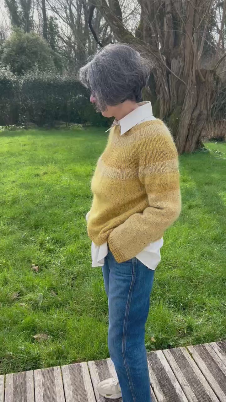 ANKER'S SWEATER: Pull jaune dégradé en laine, alpaga et Mohair.